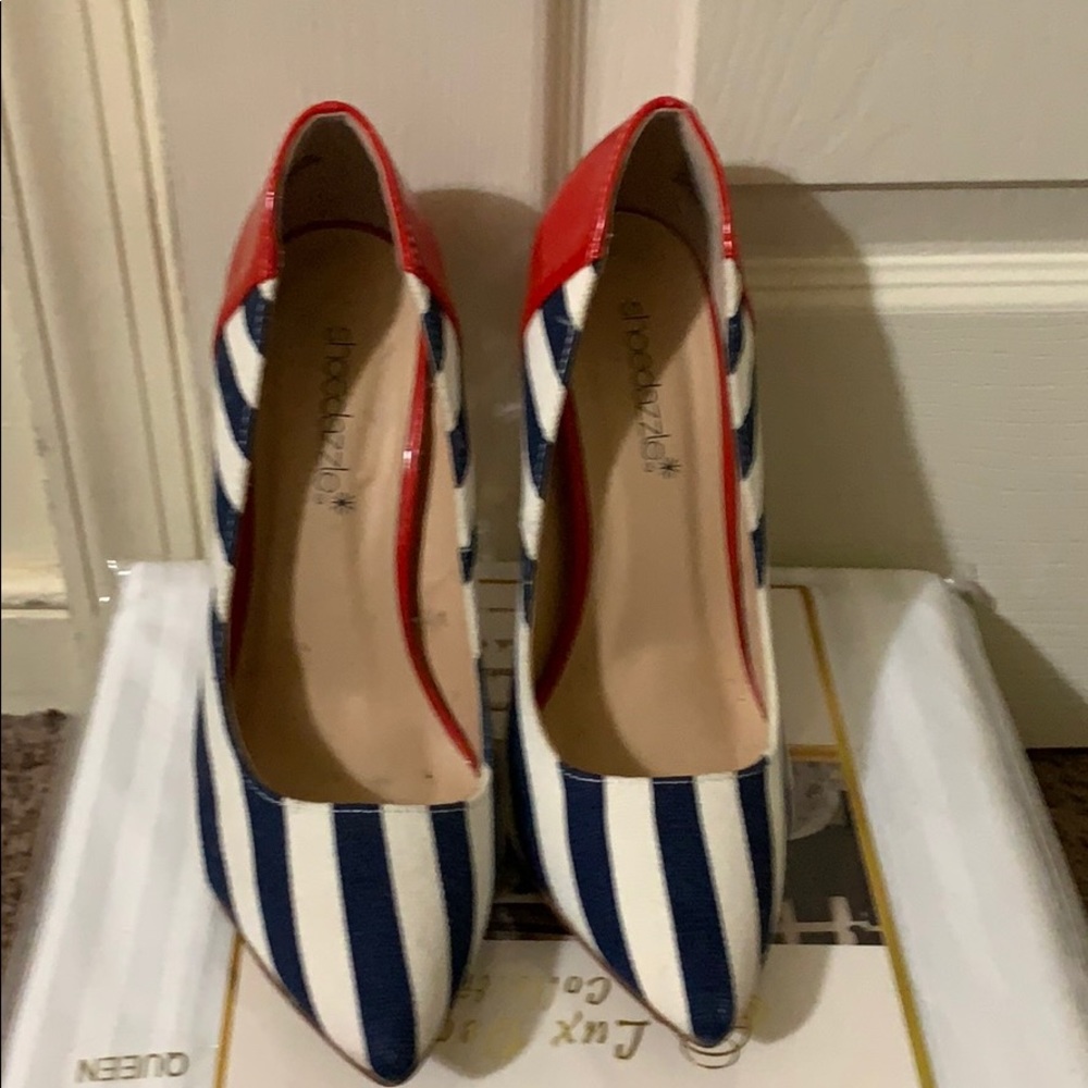 Blue and White Heel with a splash of red